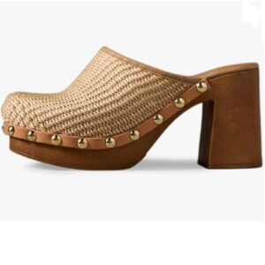 YDN Natural Platform Slip On Clogs Mules Cork High Heel Round Toe Rivet Sandals